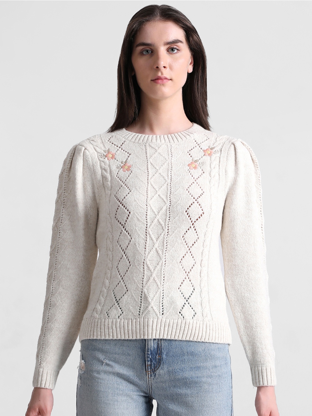 

ONLY Floral Embroidered Detail Pullover, Beige