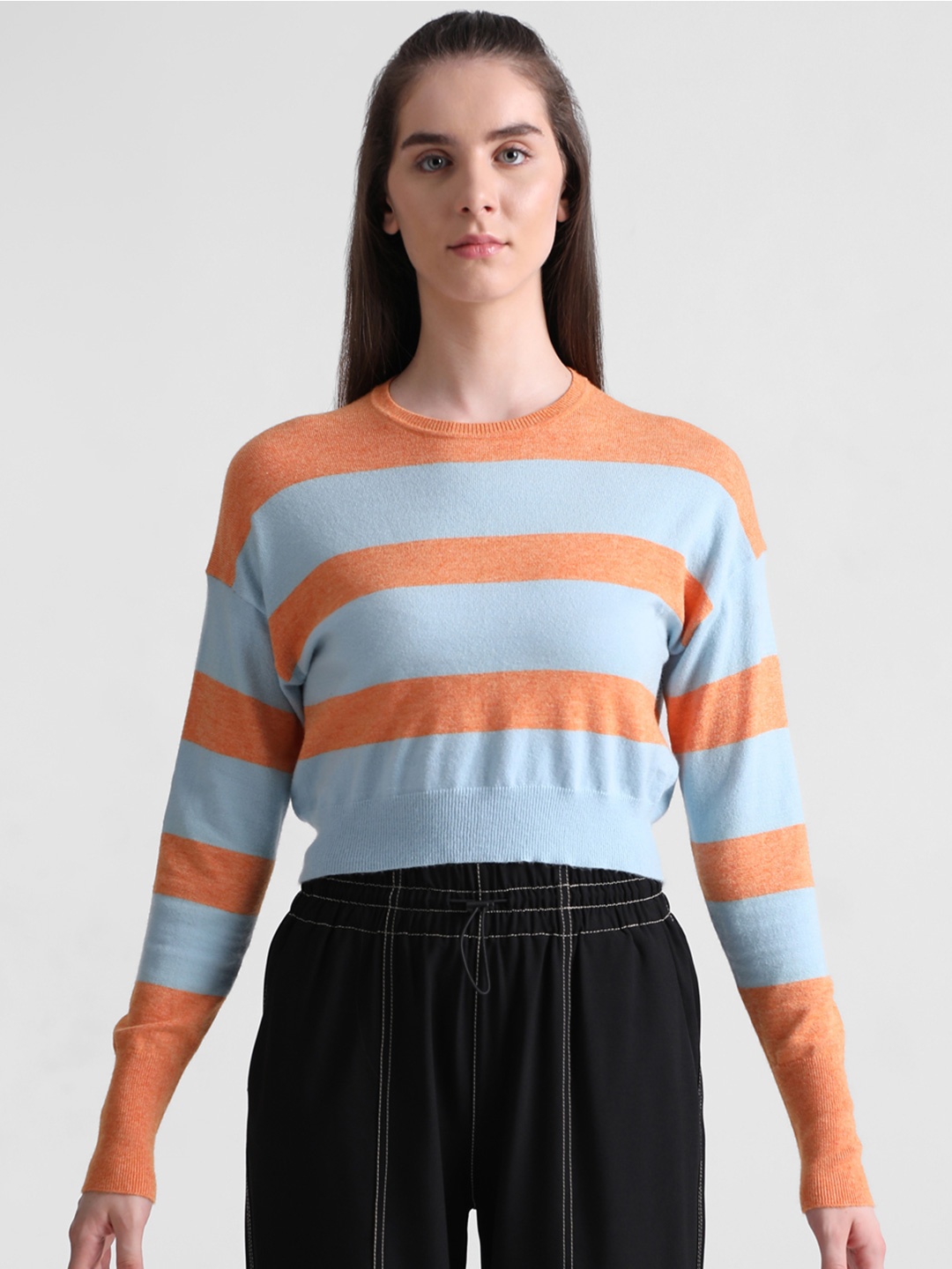 ONLY Onlibi Ls Short Striped Drop Shoulder Sleeves Crop Pullover, Orange
