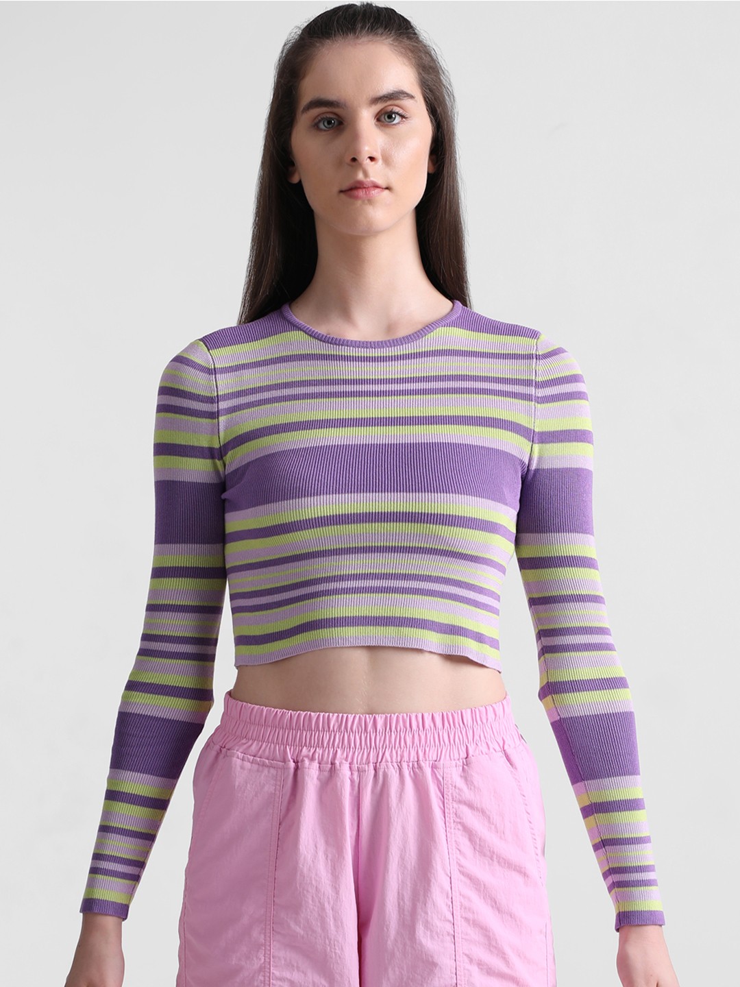

ONLY Onlmeddi Ls Str Striped Long Sleeves Crop Pullover, Purple