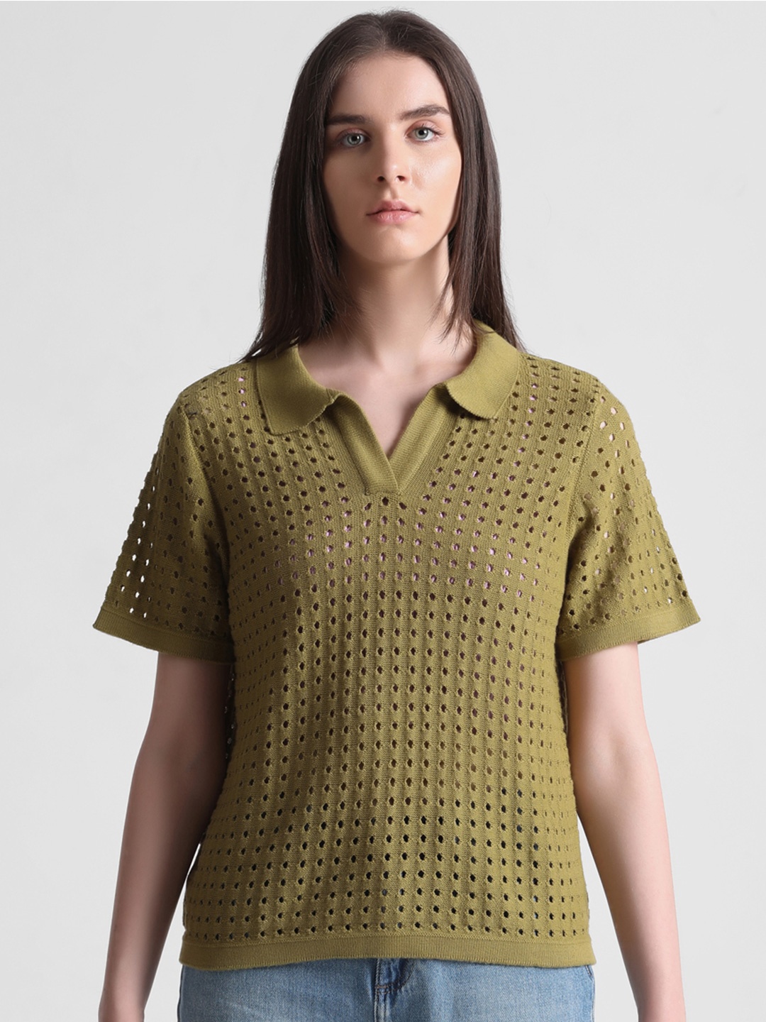 

ONLY Self Design Polo Collar Pure Cotton T-Shirt, Olive