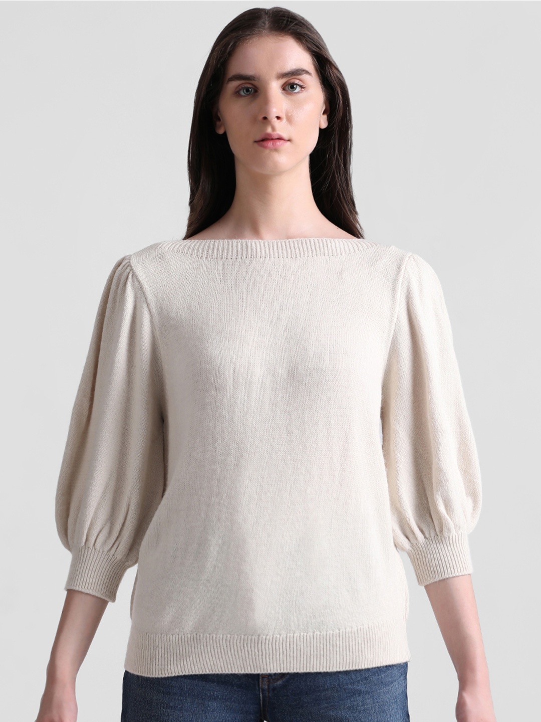 ONLY Women Puff Sleeved Pullover Sweater, Beige