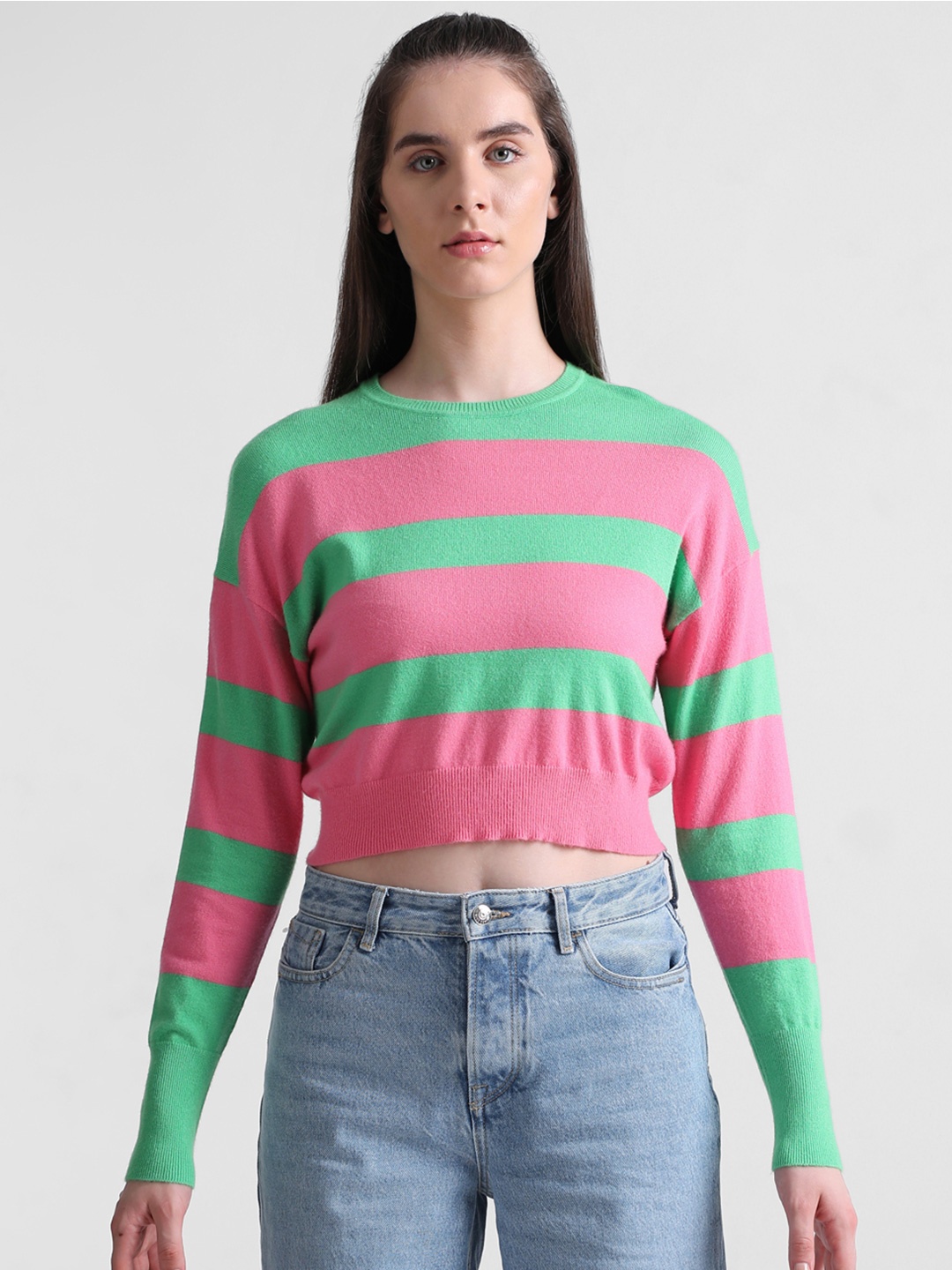 ONLY Striped Ribbed Crop Knitted Pullover, Green