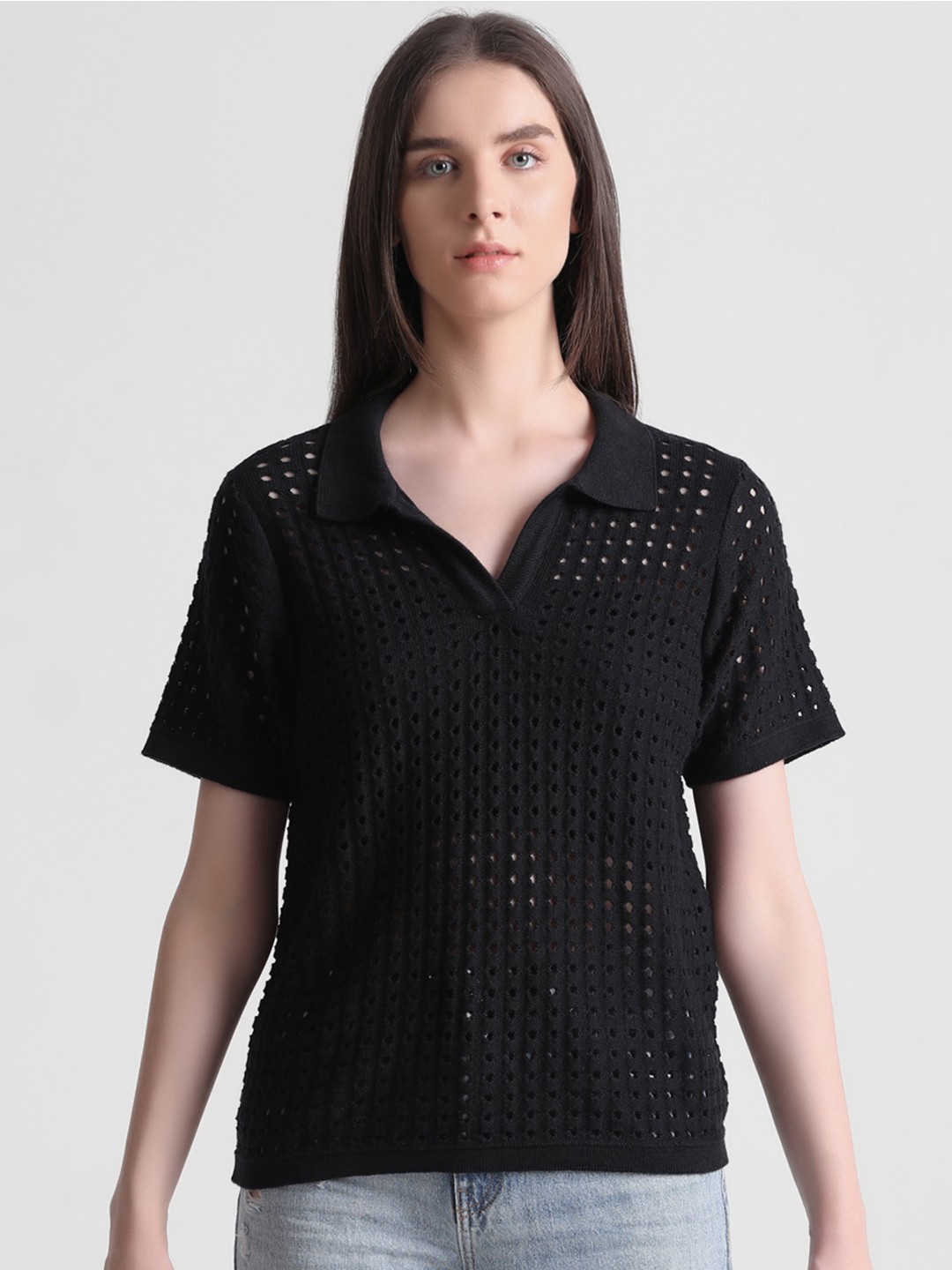 

ONLY Self Design Polo Collar Pure Cotton T- Shirt, Black