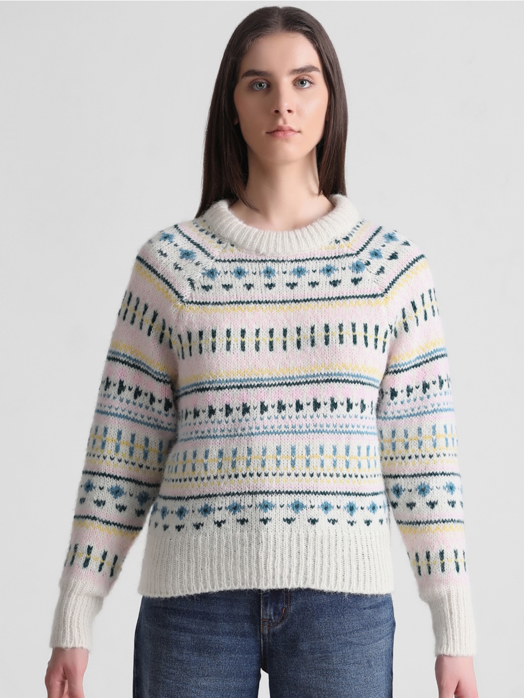 

ONLY Women Geometric Pullover Sweater, Beige