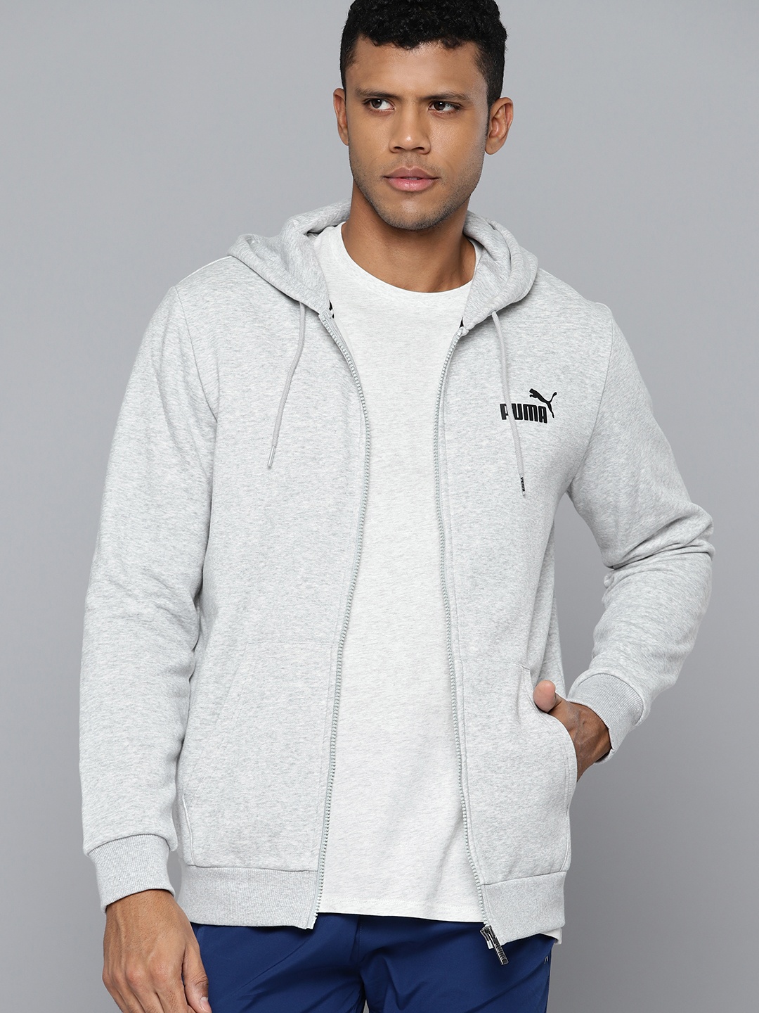 

Puma Men Brand Logo Detail Essentials Front Open Sweatshirt, Grey melange