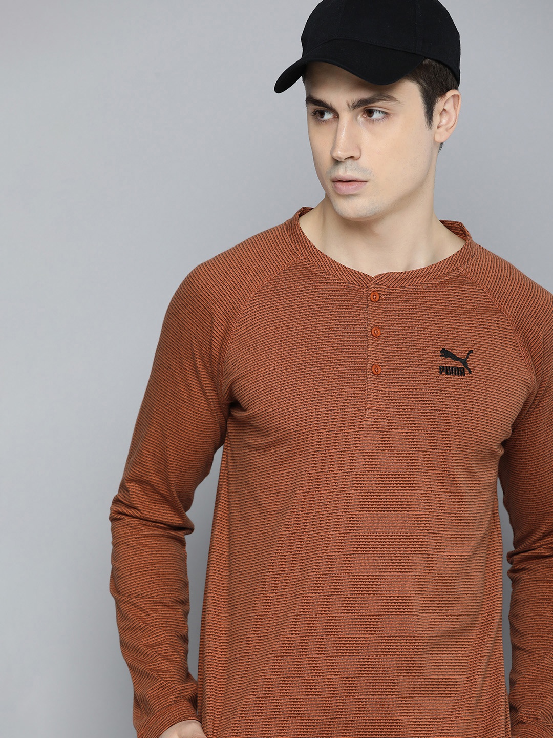 

Puma Classics Jacquard LS Striped Henley Neck Pure Cotton T-shirt, Rust