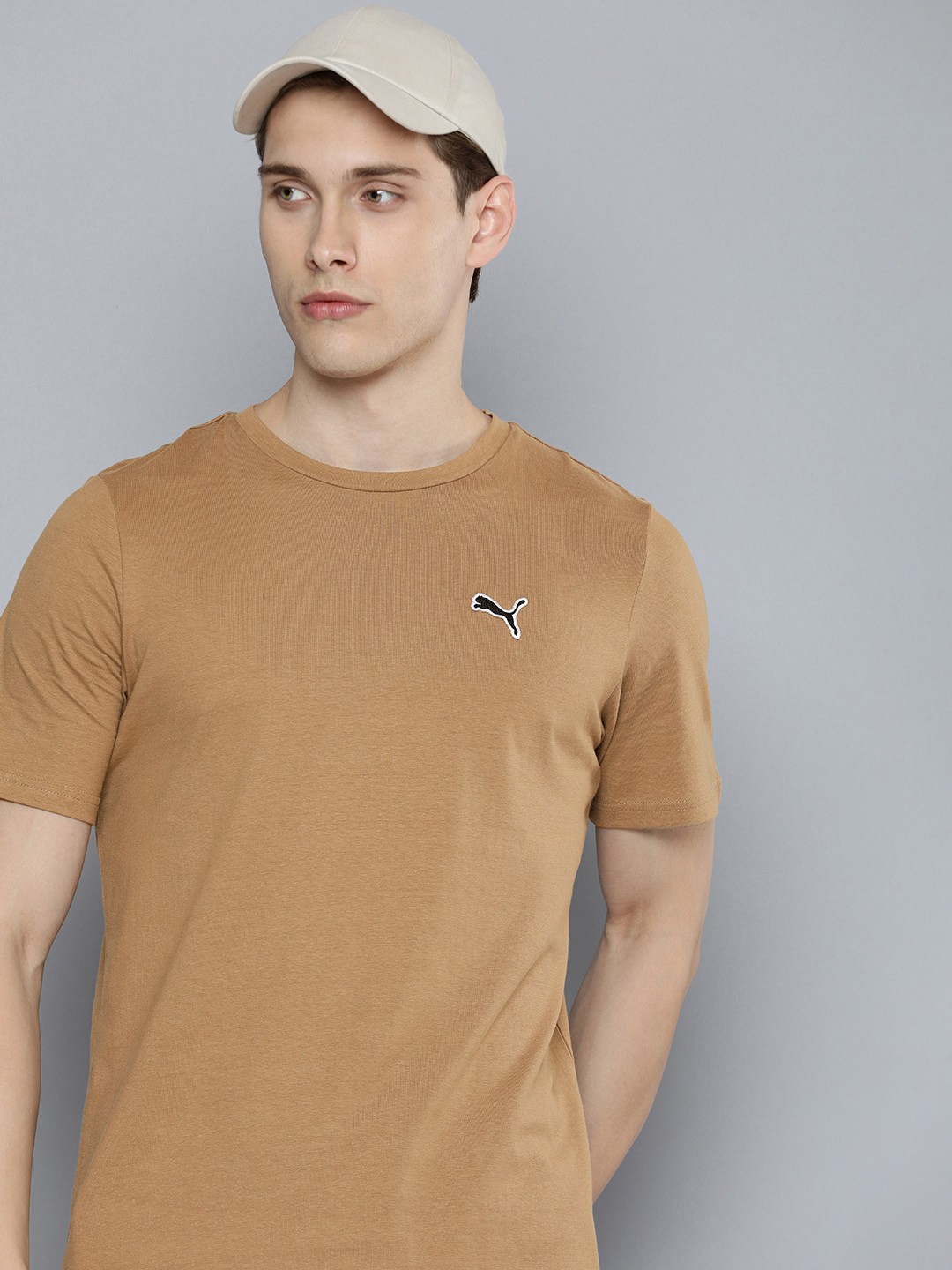 

Puma Men Solid Knitted Better Essentials Pure Cotton T-shirt With Brand Logo Embroidery, Camel brown