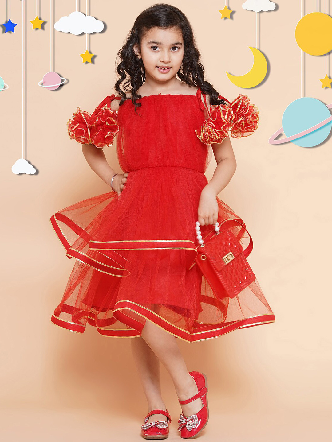 

Modish Couture Girls Shoulder Straps Fit & Flare Layered Midi Dress, Red