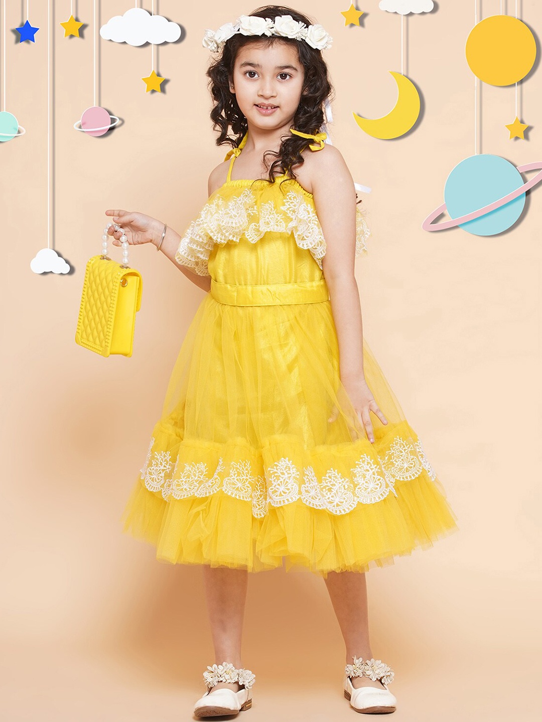 

Modish Couture Girls Floral Embroidered Net Fit & Flare Midi Dress, Yellow