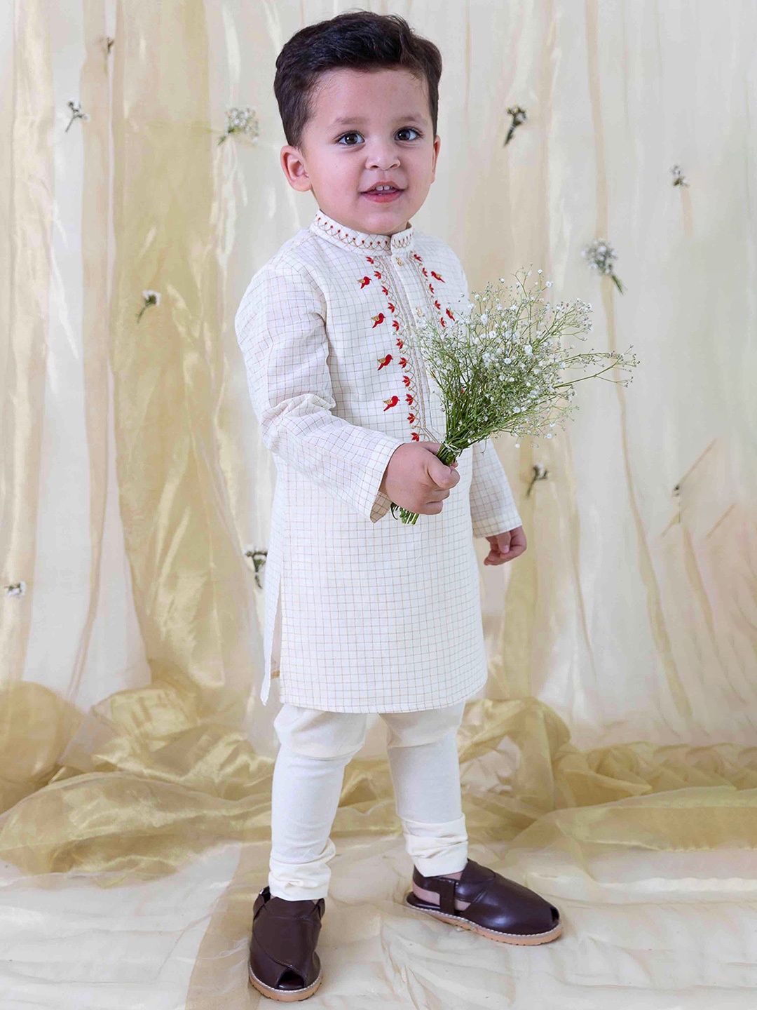 

Tiber Taber Infants Floral Embroidered Pure Cotton Regular Kurta with Churidar, Cream