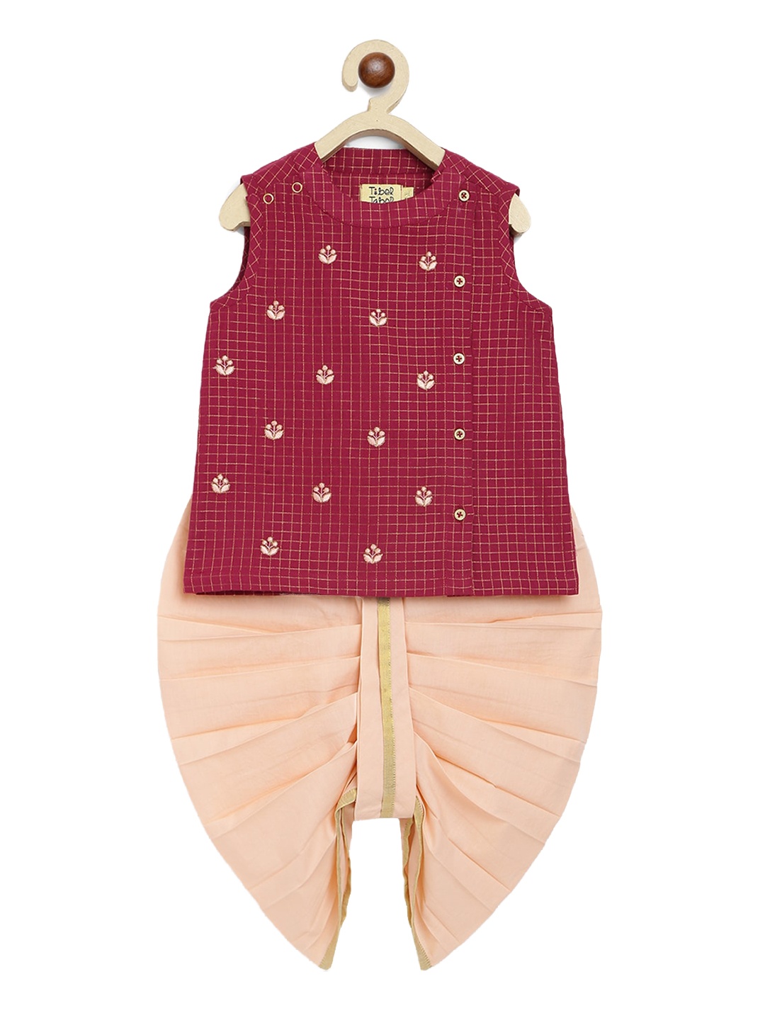 

Tiber Taber Infant Boys Checked Embroidered Pure Cotton Kurta With Dhoti Pants, Purple
