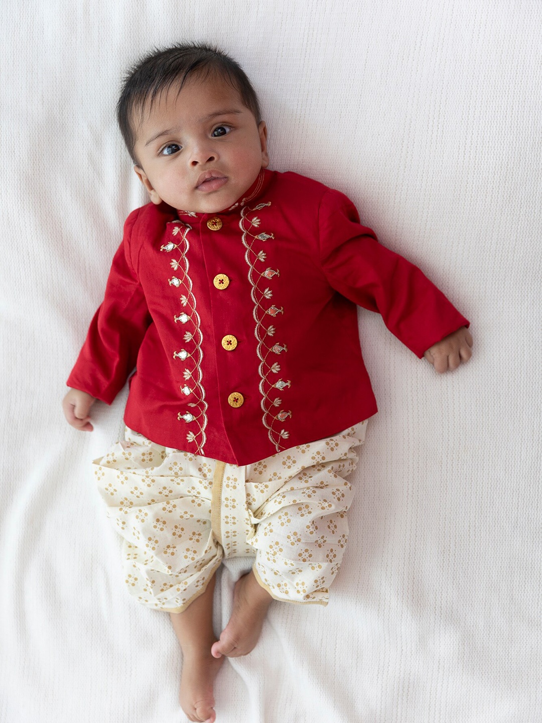 

Tiber Taber Infant Boys Embroidered Pure Cotton Kurta With Dhoti Pants, Red