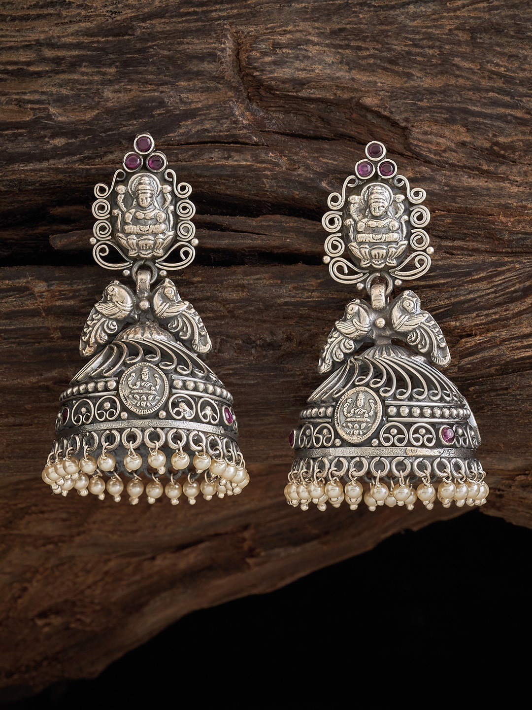 

Kushal's Fashion Jewellery Rhodium-Plated Studded Dome Shaped Jhumkas, Silver