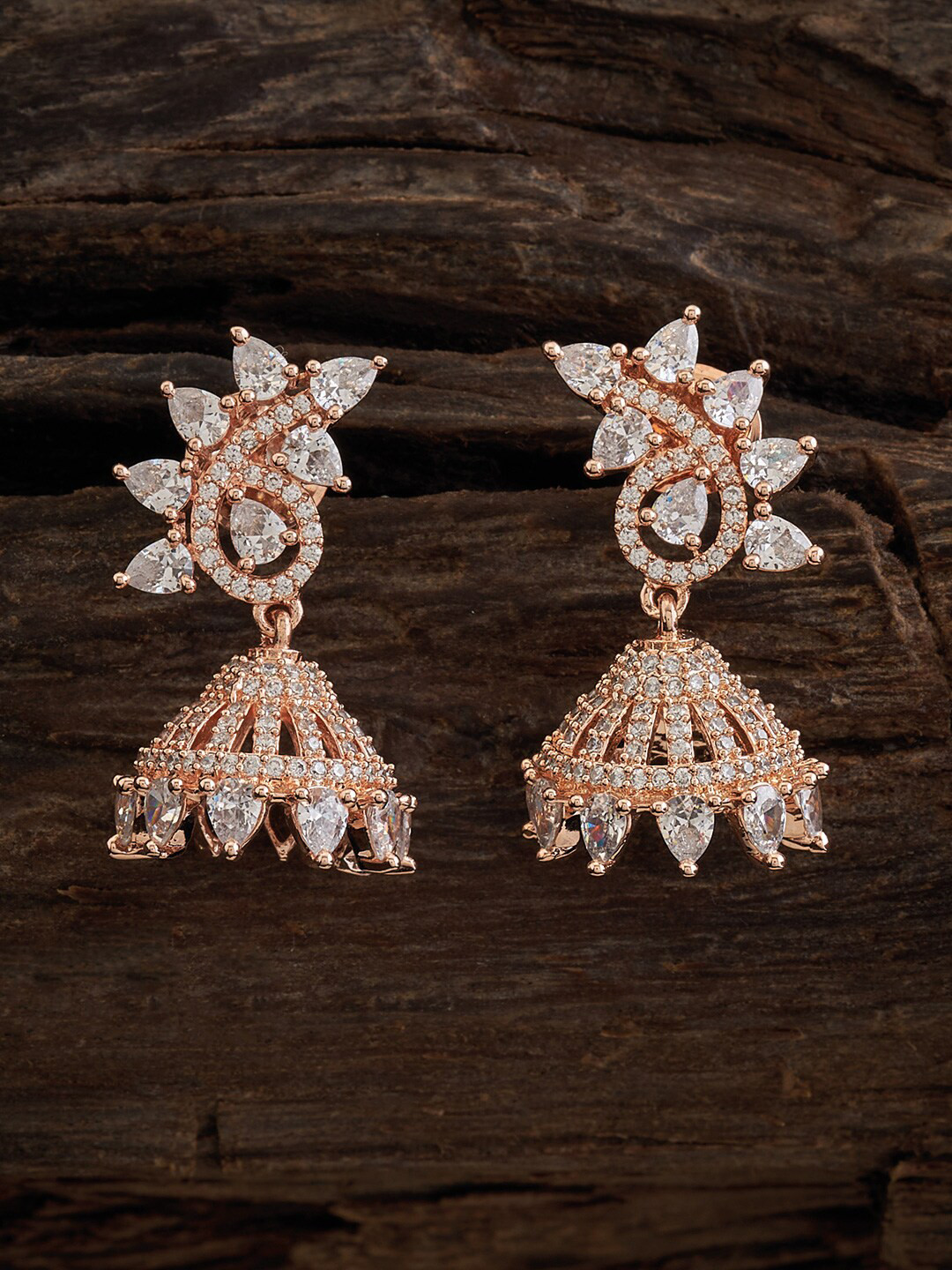 

Kushal's Fashion Jewellery Rose Gold-Plated CZ-Studded Dome Shaped Jhumkas, White