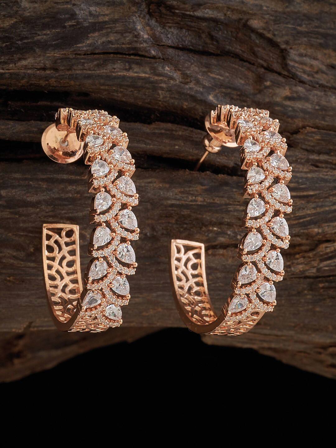 

Kushal's Fashion Jewellery Rose-Gold Plated Cubic Zirconia Studded Half Hoop Earrings
