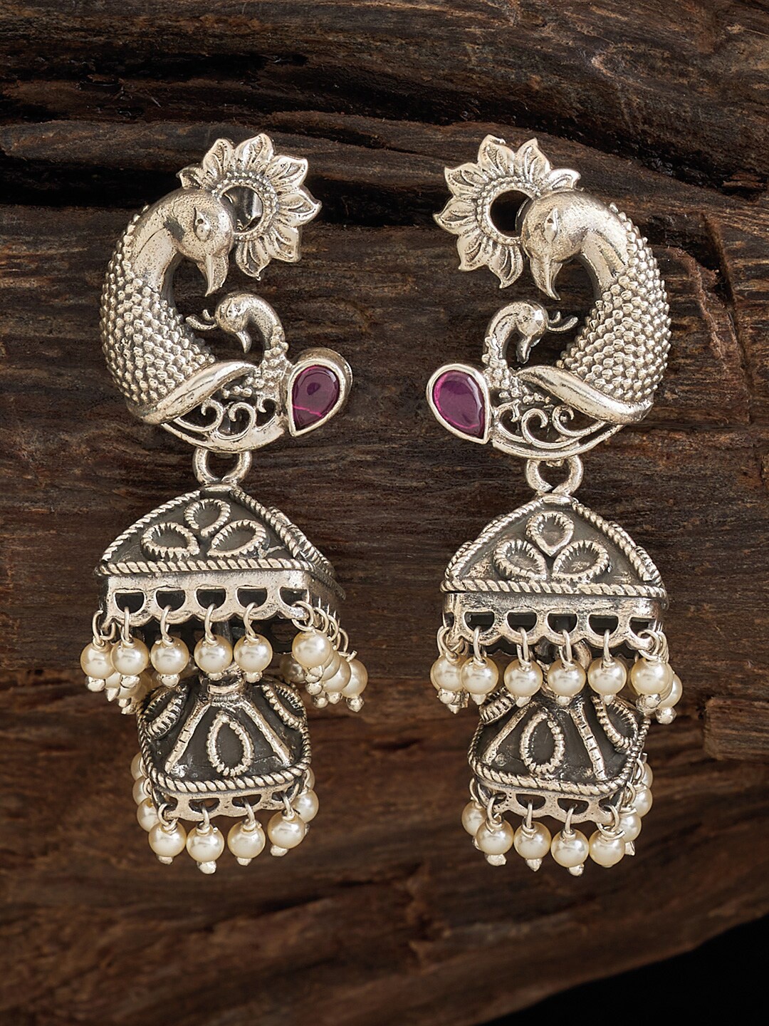 

Kushal's Fashion Jewellery 92.5 Pure Silver Rhodium-Plated Peacock Shaped Jhumkas