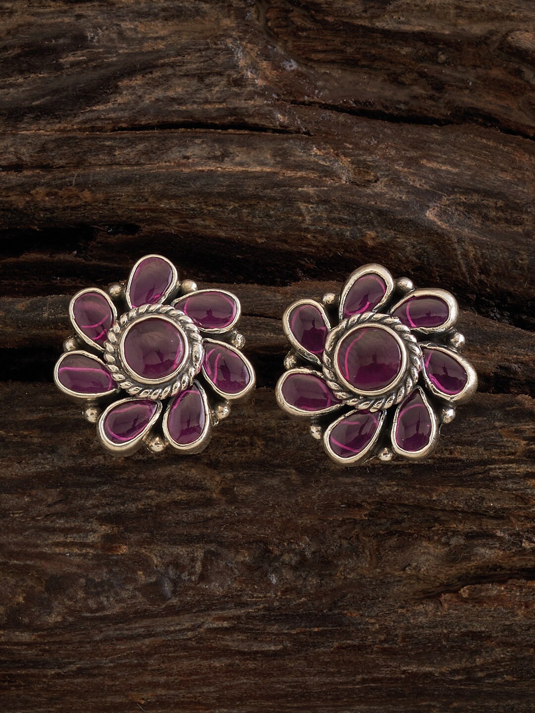 

Kushal's Fashion Jewellery Rhodium-Plated Studded Floral Studs, Silver