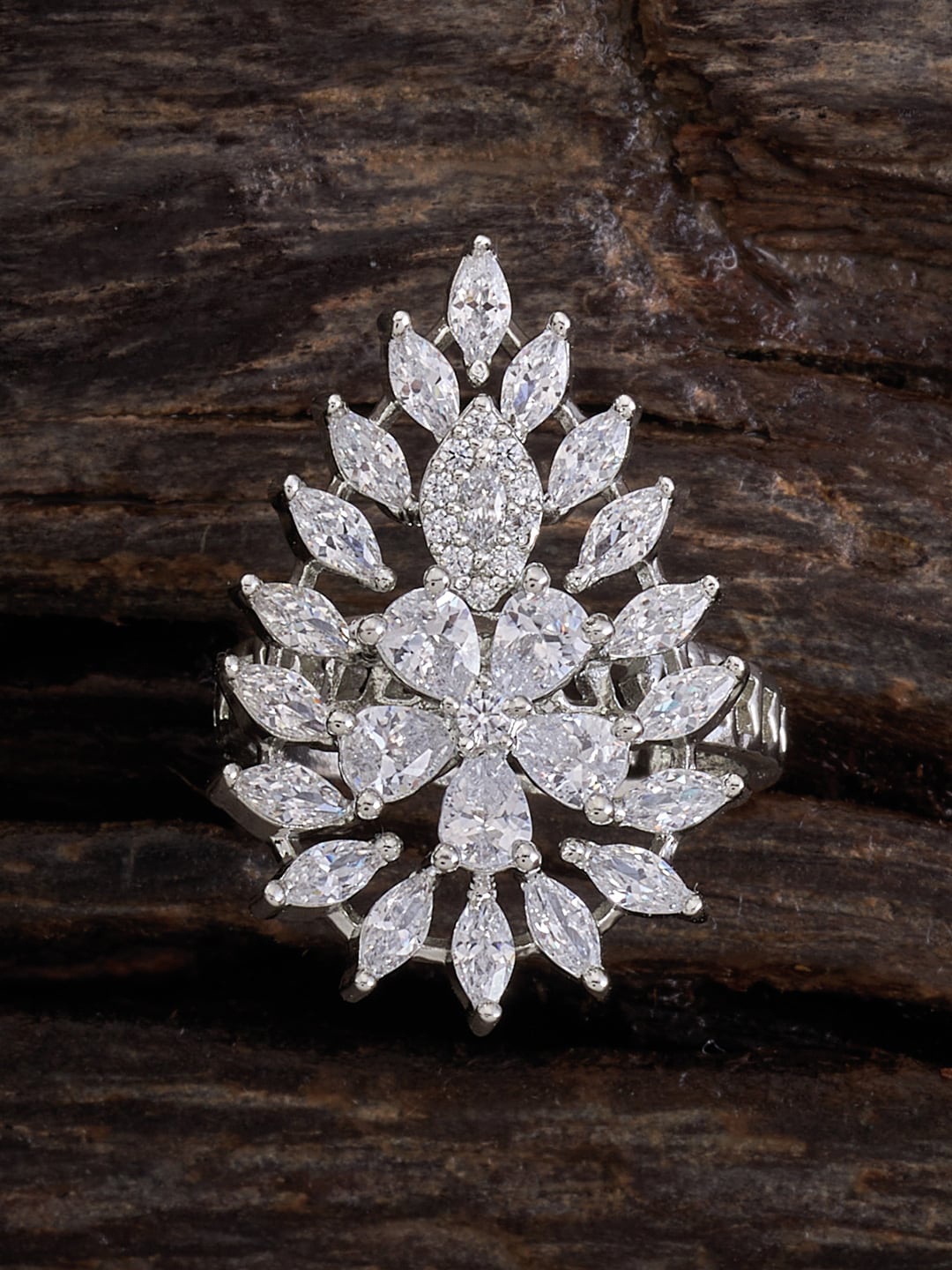 

Kushal's Fashion Jewellery Rhodium-Plated CZ-Studded Finger Ring, Silver