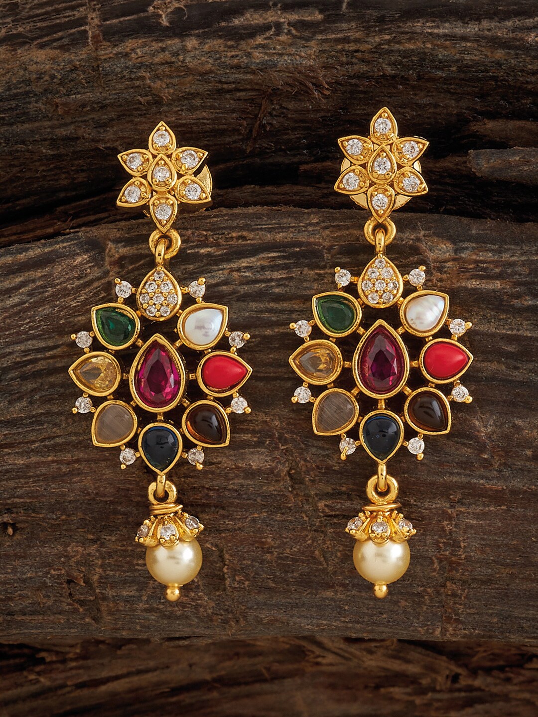 

Kushal's Fashion Jewellery Gold-Plated Studded Floral Drop Earrings
