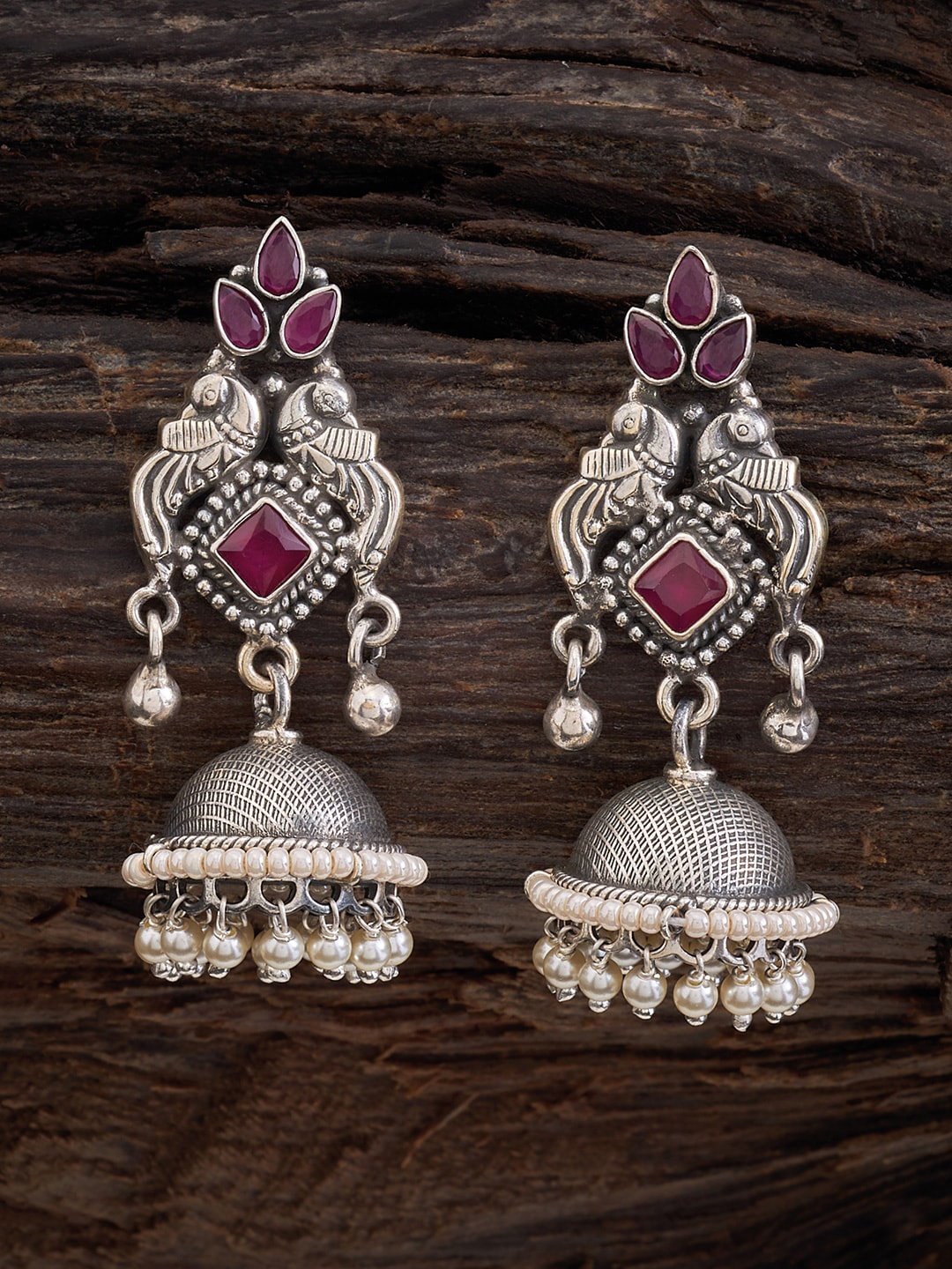 

Kushal's Fashion Jewellery Rhodium-Plated Studded Dome Shaped Jhumkas, Silver