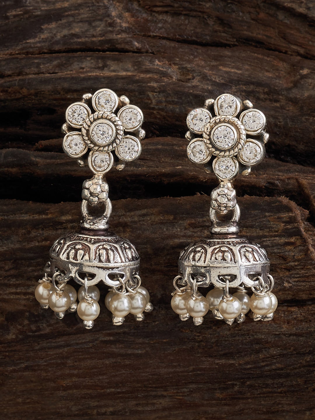

Kushal's Fashion Jewellery 92.5 Pure Silver Rhodium-Plated Stone-Studded & Beaded Jhumkas