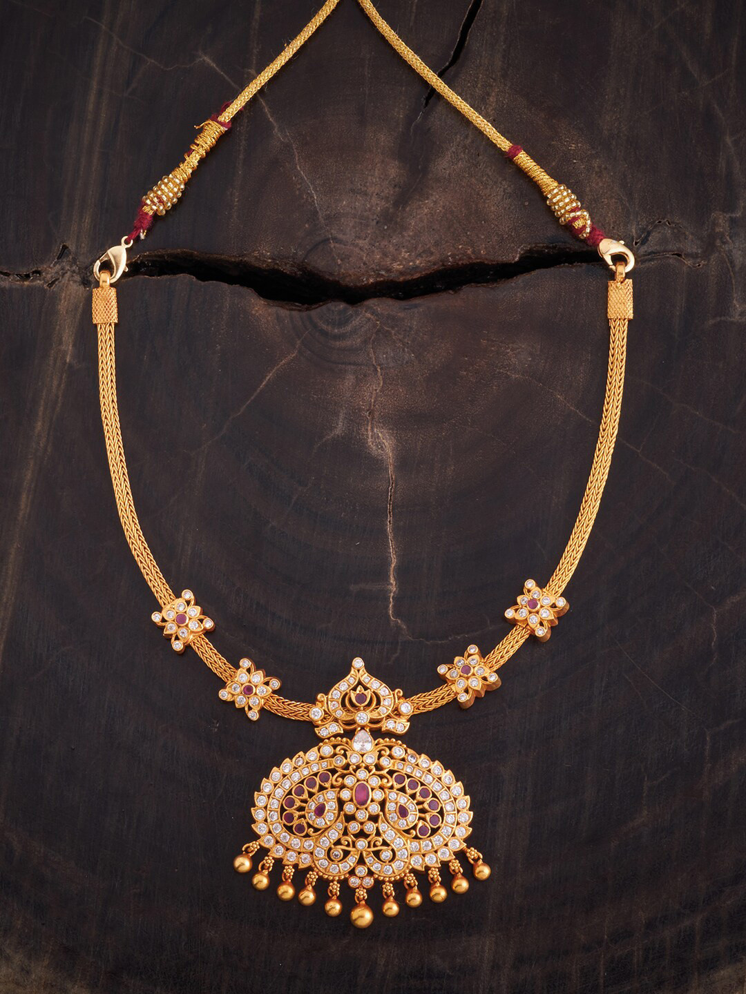 

Kushal's Fashion Jewellery Ruby Stone-Studded 92.5 Pure Silver Temple Necklace, Gold