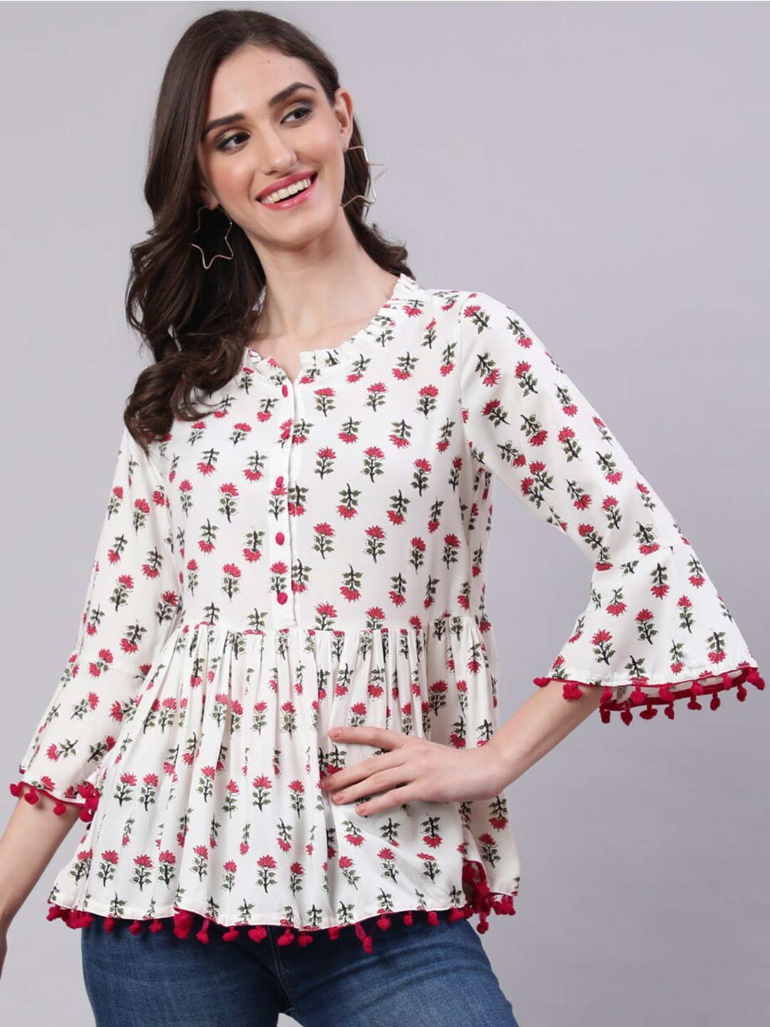 

SAK JAIPUR Floral Printed Bell Sleeve Peplum Top, White