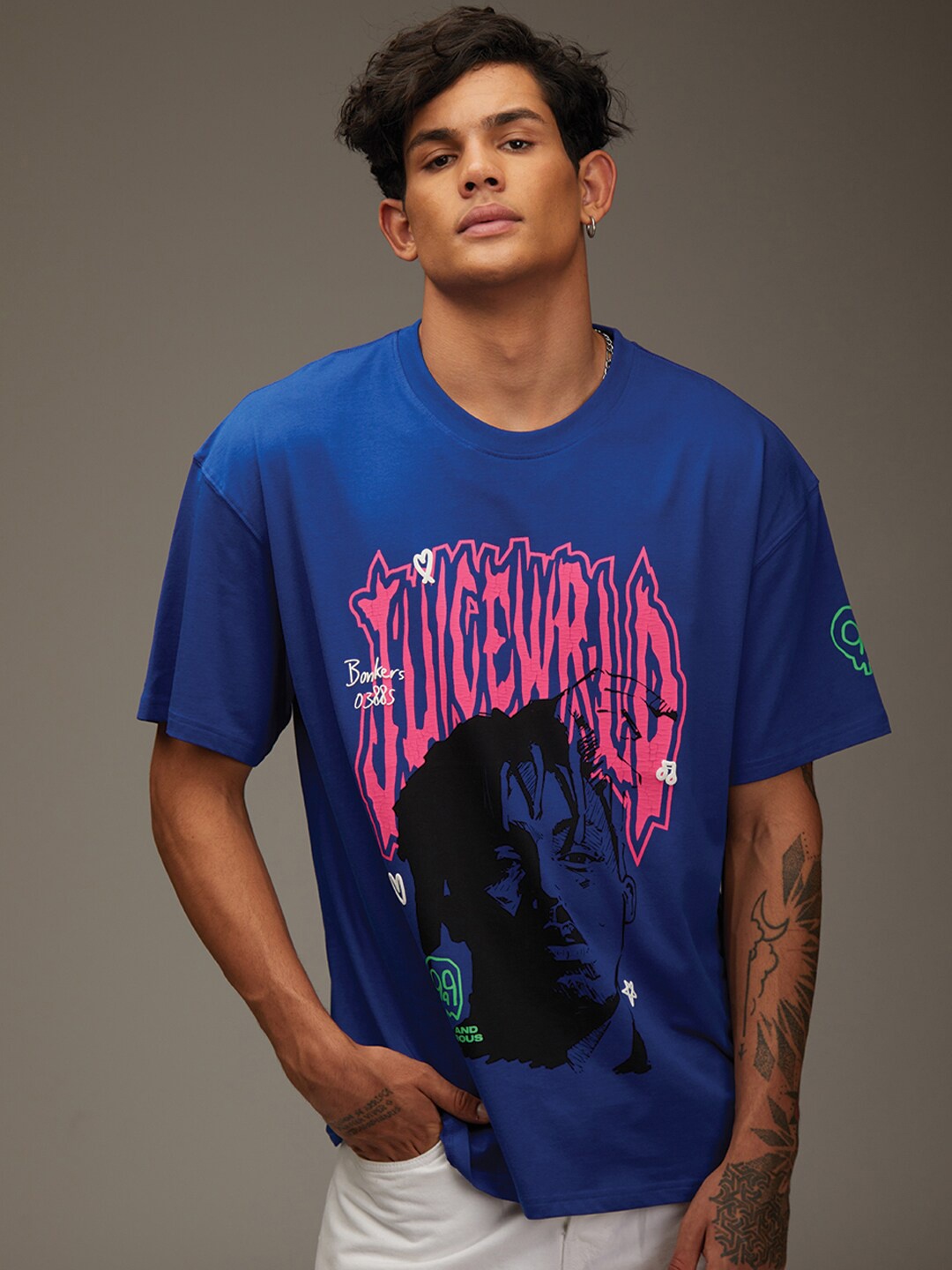 

Bonkers Corner Blue Typography Juice WRLD Crack Printed Cotton Oversized T-Shirt