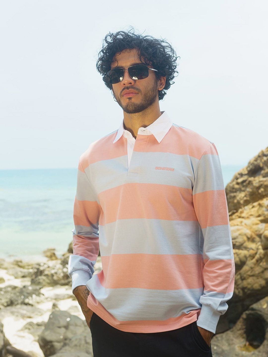 

Bonkers Corner Peach Coloured & Grey Striped Polo Collar Cotton T-shirt