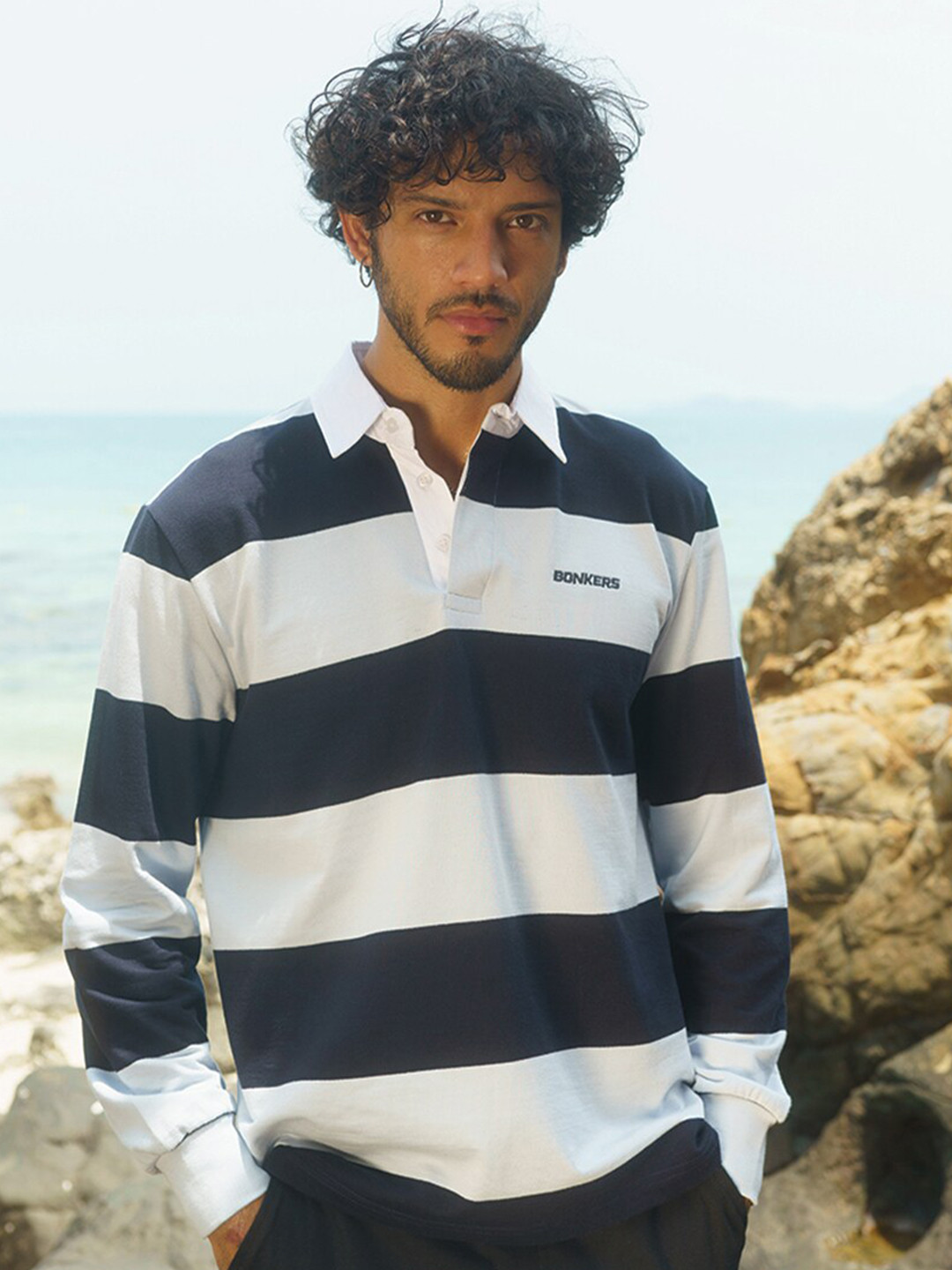 

Bonkers Corner Navy Blue & White Striped Polo Collar Cotton T-shirt