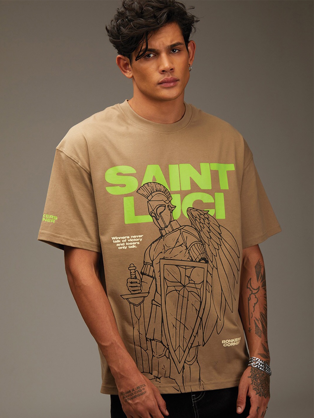 

Bonkers Corner Beige Typography Saint Luci Printed Cotton Oversized T-Shirt