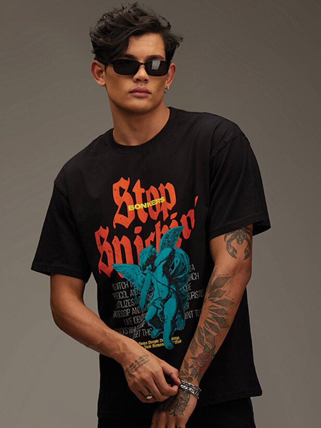 Bonkers Corner Black & Orange Coloured Typography Printed Cotton T-shirt