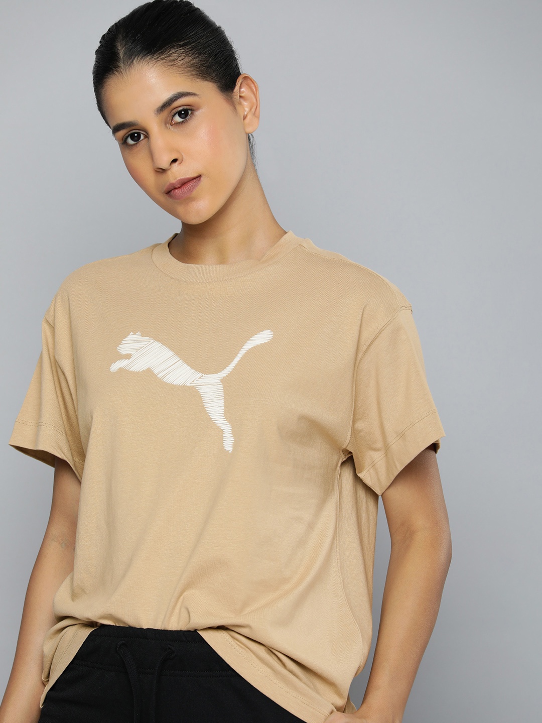 

Puma HER Brand Logo Printed Relaxed Fit T-shirt, Beige