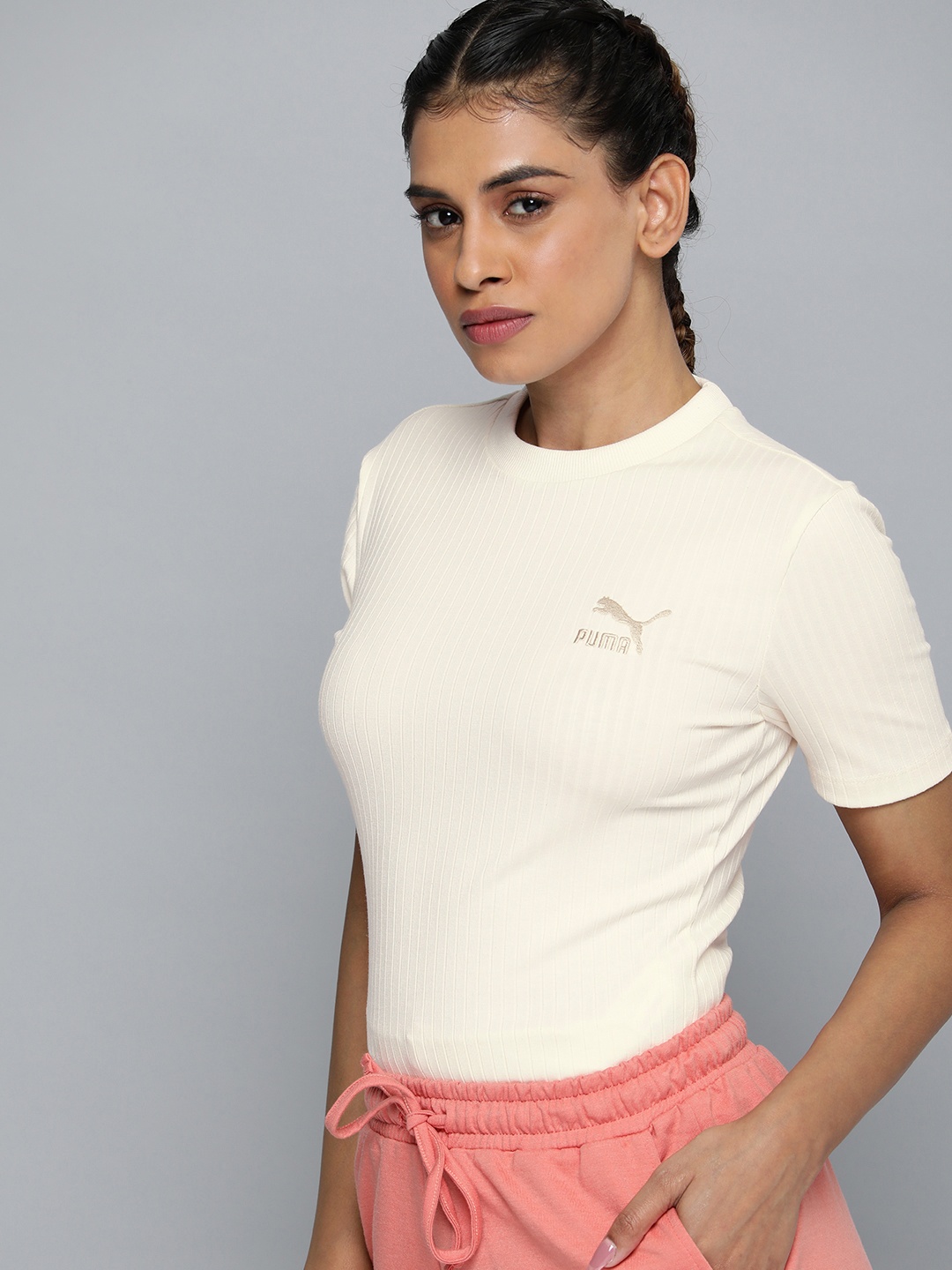 

Puma Self Design Embroidered Slim Fit Ribbed T-shirt, Cream
