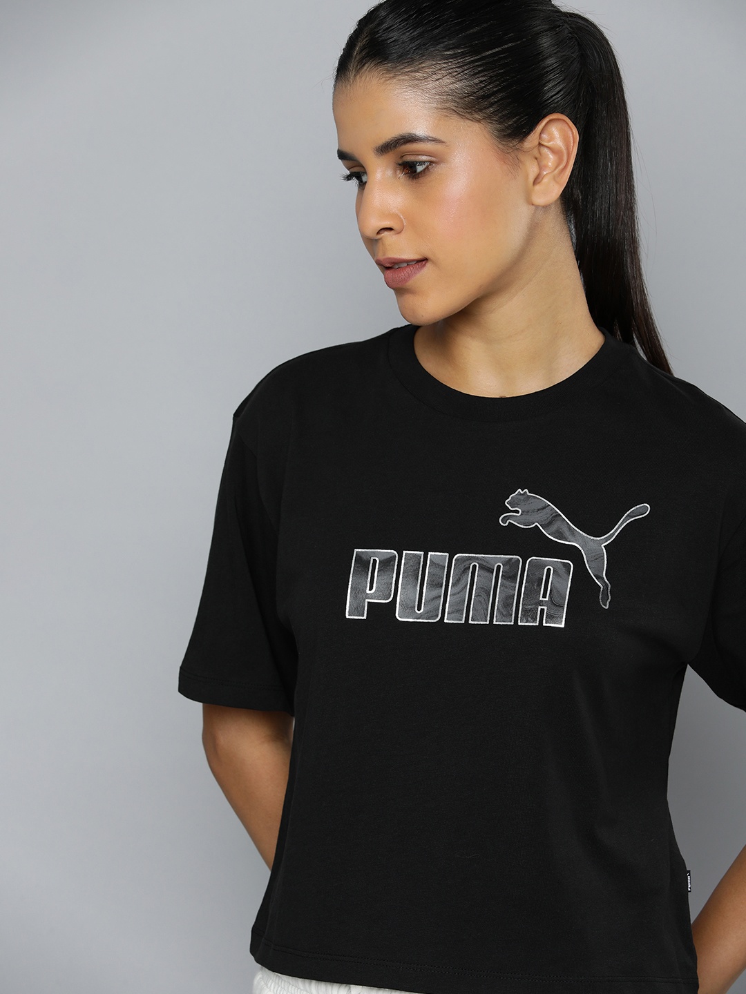 

Puma Brand Logo Printed Drop-Shoulder Sleeves ESS MARBLEIZED Pure Cotton Relaxed T-shirt, Black