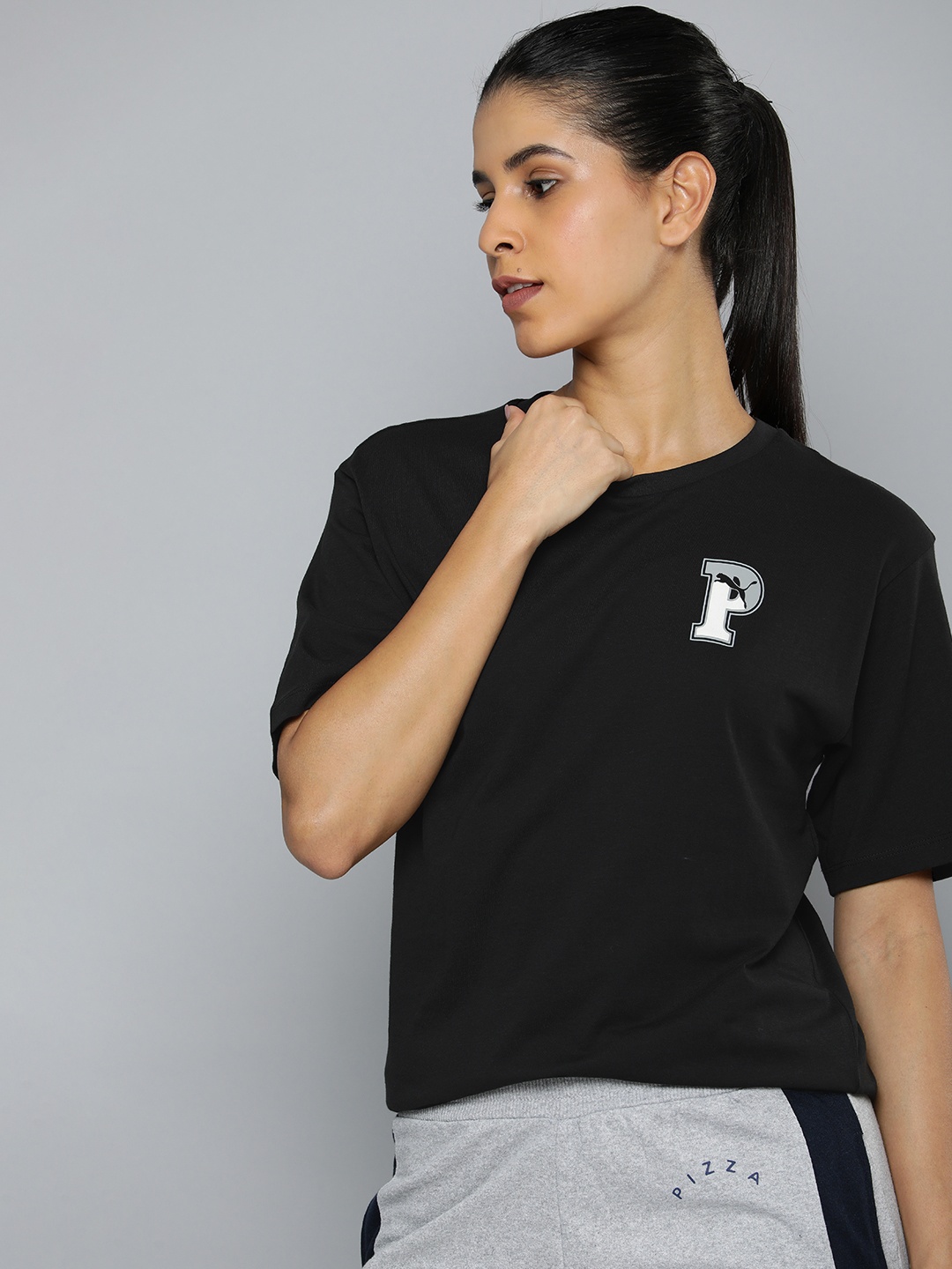 

Puma Brand Logo Printed Drop-Shoulder Sleeves Pure Cotton T-shirt, Black