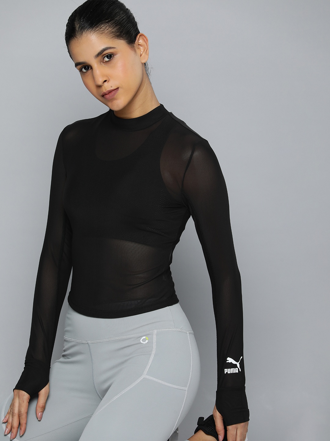 

Puma DARE TO Women Long Sleeve Slim Fit Semi-Sheer T-shirt, Black