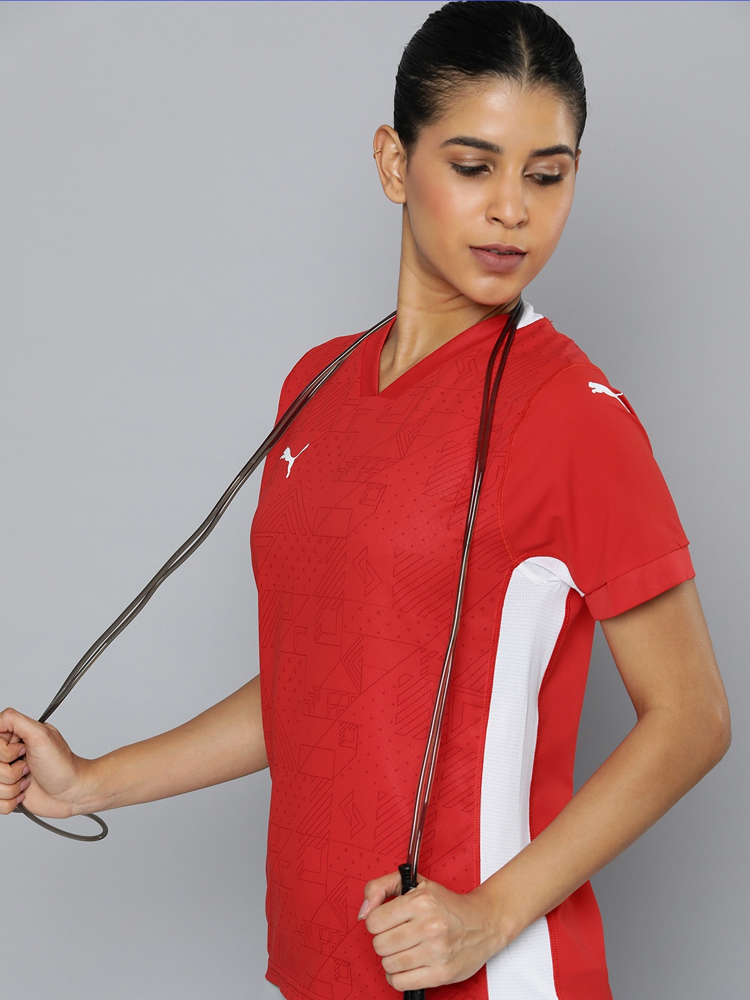 

Puma Geometric Printed teamCUP V-Neck dryCELL Football Jersey T-shirt, Red
