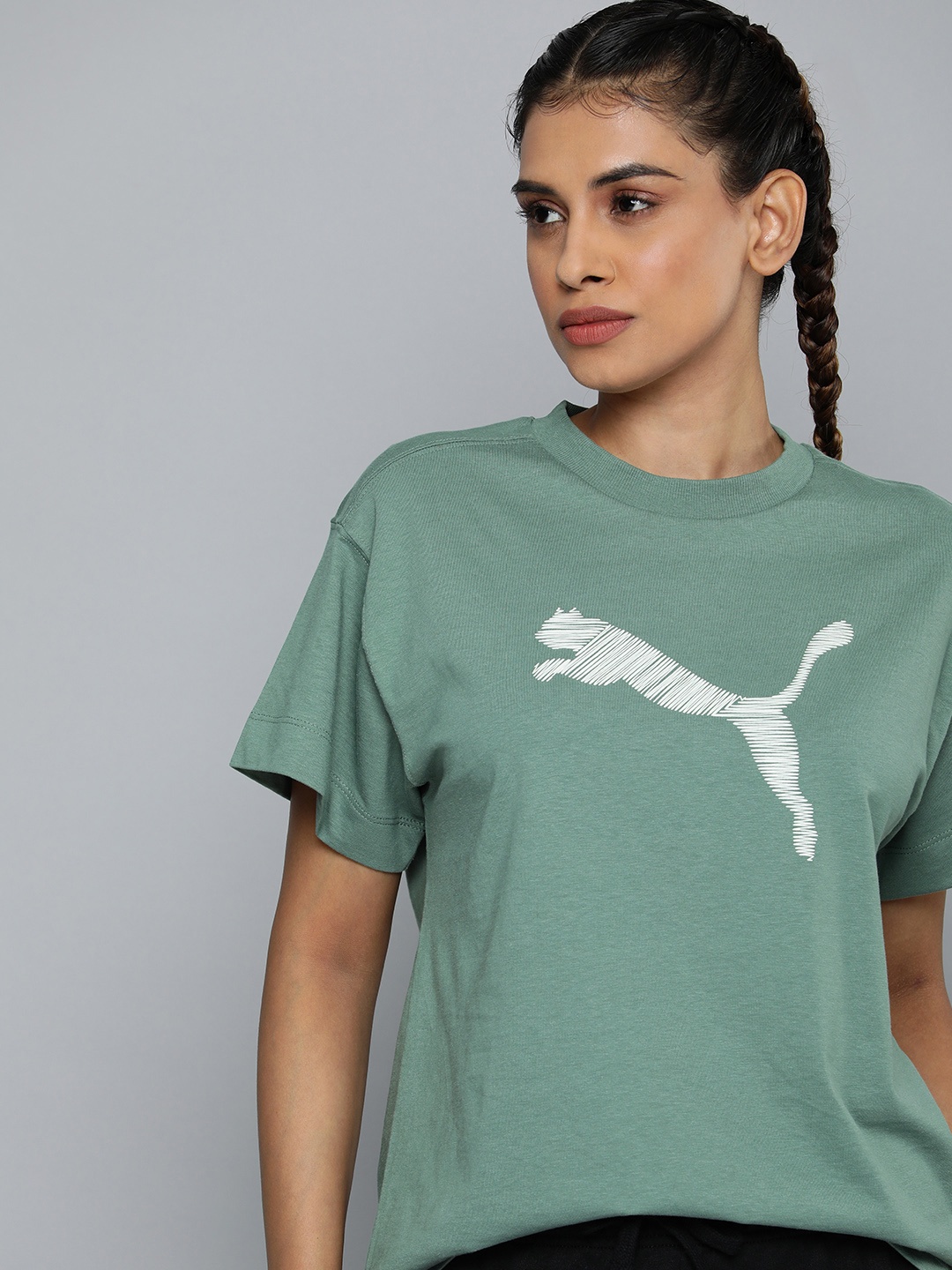 

Puma HER Brand Logo Printed Drop-Shoulder Sleeves Pure Cotton T-shirt, Green