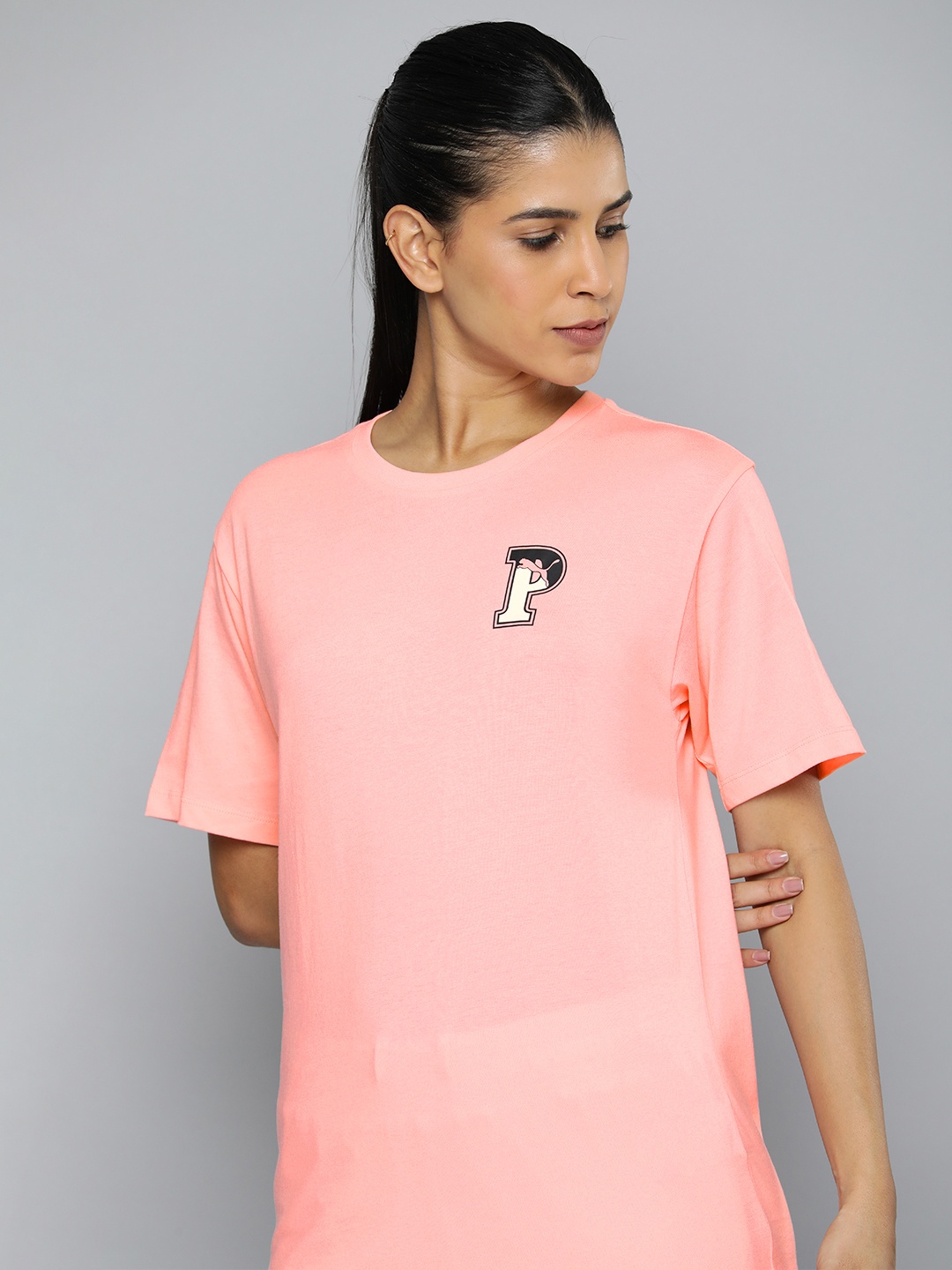 

Puma Brand Logo Printed Drop-Shoulder Sleeves Pure Cotton T-shirt, Peach