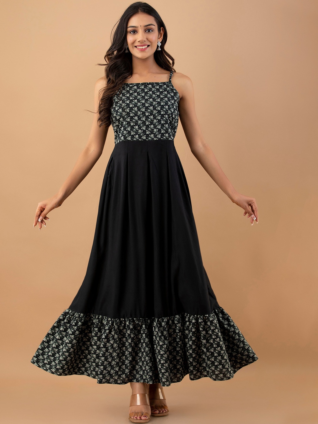 

UNIBLISS Ethnic Motifs Printed Shoulder Straps Gathered Tiered Maxi Ethnic Dress, Grey