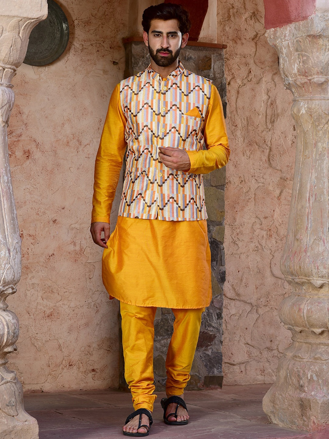 

HOUSE OF DEYANN Mandarin Collar Kurta with Churida With Nehru Jacket, Orange