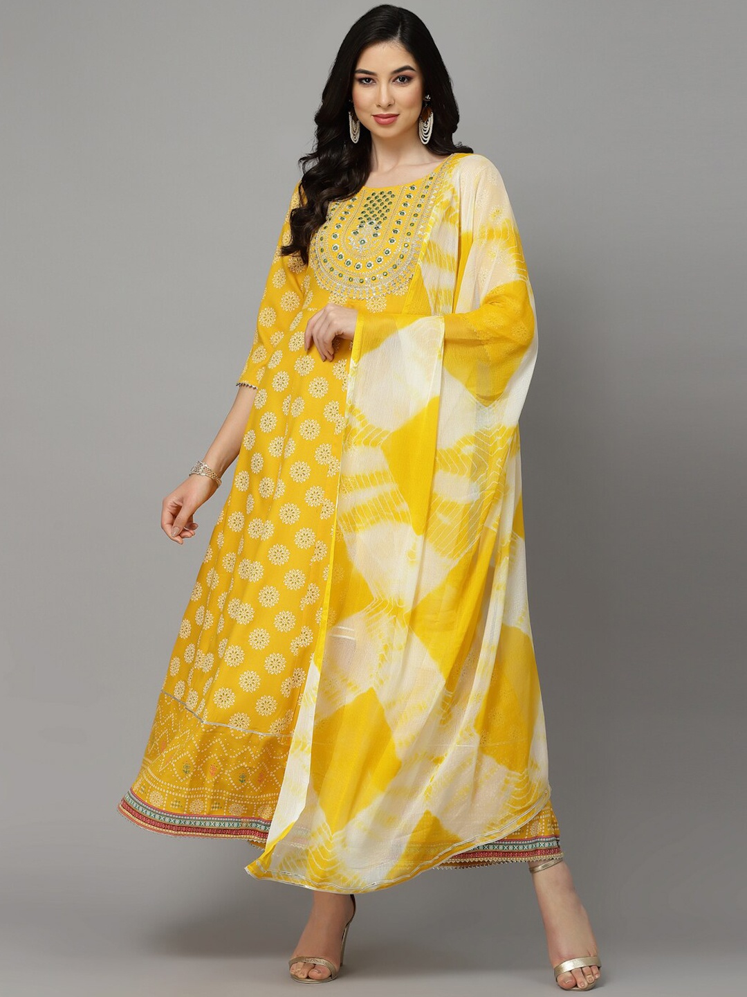 

Stylum Floral Embroidered Gotta Patti Fit & Flare Ethnic Dress With Dupatta, Yellow