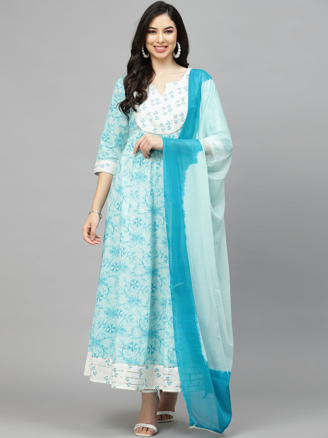

Stylum Floral Printed Gotta Patti Fit & Flare Cotton Fit & Flare Ethnic Dress With Dupatta, Turquoise blue
