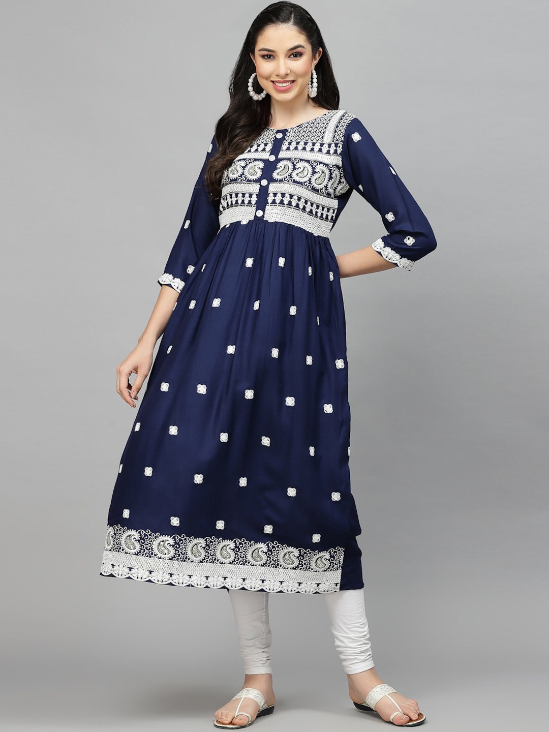 

Stylum Navy Blue Ethnic Motifs Embroidered Round Neck Thread Work A-Line Kurta