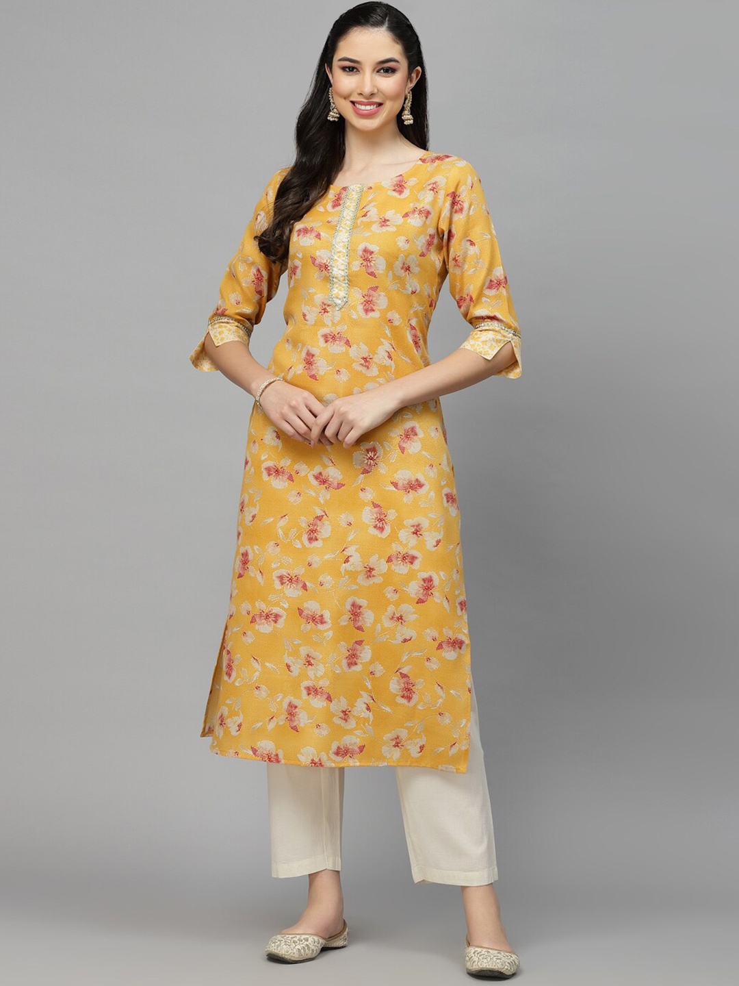 

Stylum Floral Printed Round Neck Straight Kurta, Mustard