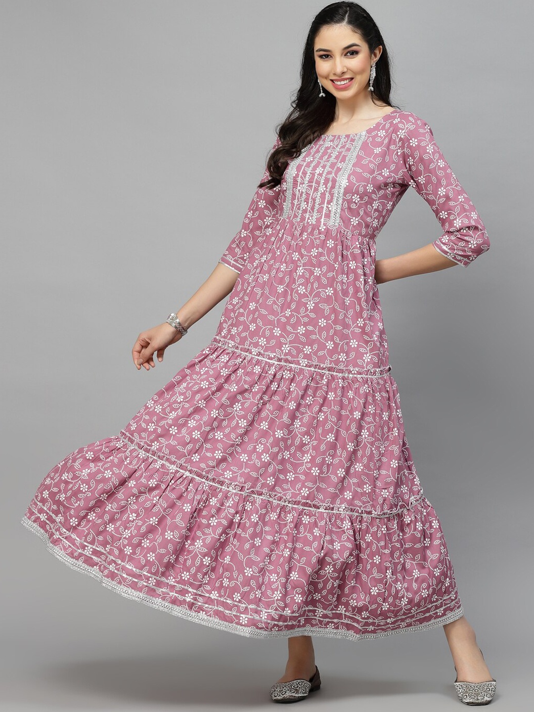 

Stylum Floral Printed Tiered Fit & Flare Cotton Fit & Flare Ethnic Dress With Dupatta, Mauve