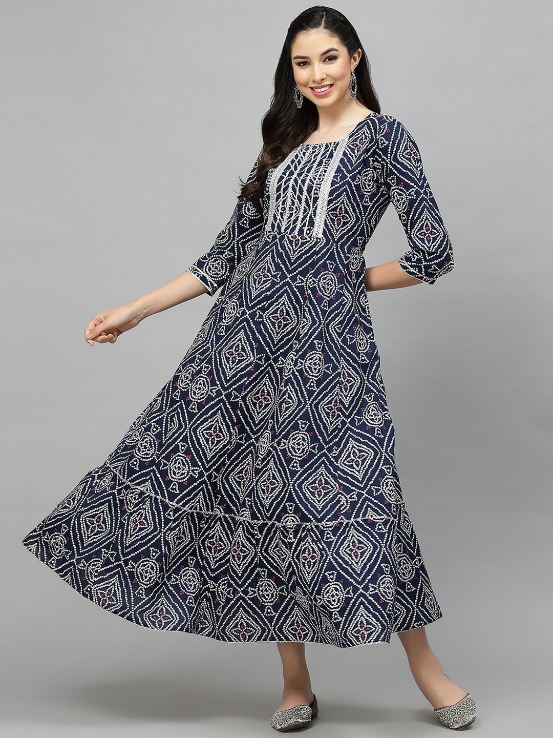 

Stylum Navy Blue Ethnic Motifs Printed Round Neck Gathered Tiered A-line Maxi Ethnic Dress