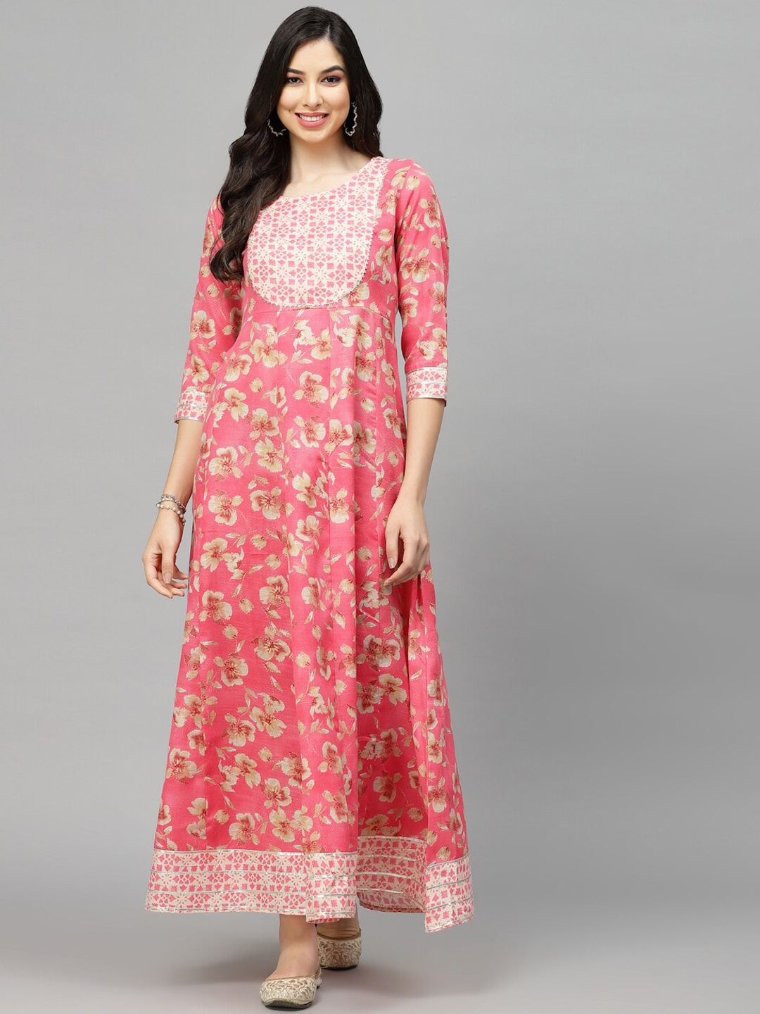 Stylum Pink Floral Printed Round Neck Gathered A-line Maxi Ethnic Dress