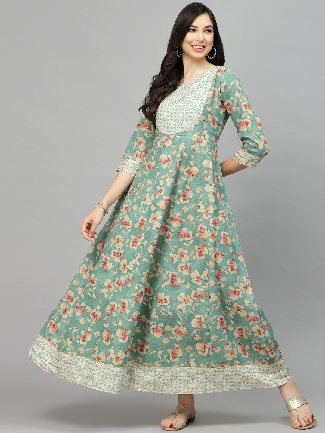 

Stylum Green Floral Printed Round Neck Gathered A-line Maxi Ethnic Dress